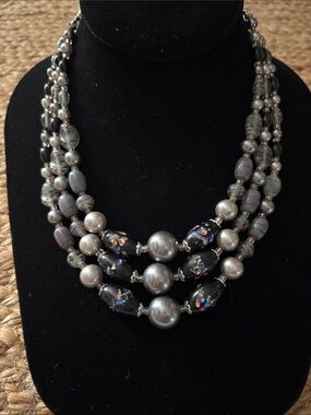 Mid Century Multi Strand Necklace 1950 Faux Pearl & Black Venetian style choker
